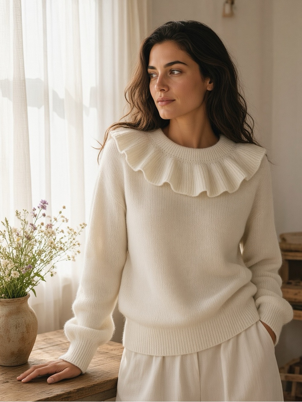 DÔEN Azaria Sweater Ivory Ruffle Collar Alpaca Wool Blend Romantic NWOT- Medium